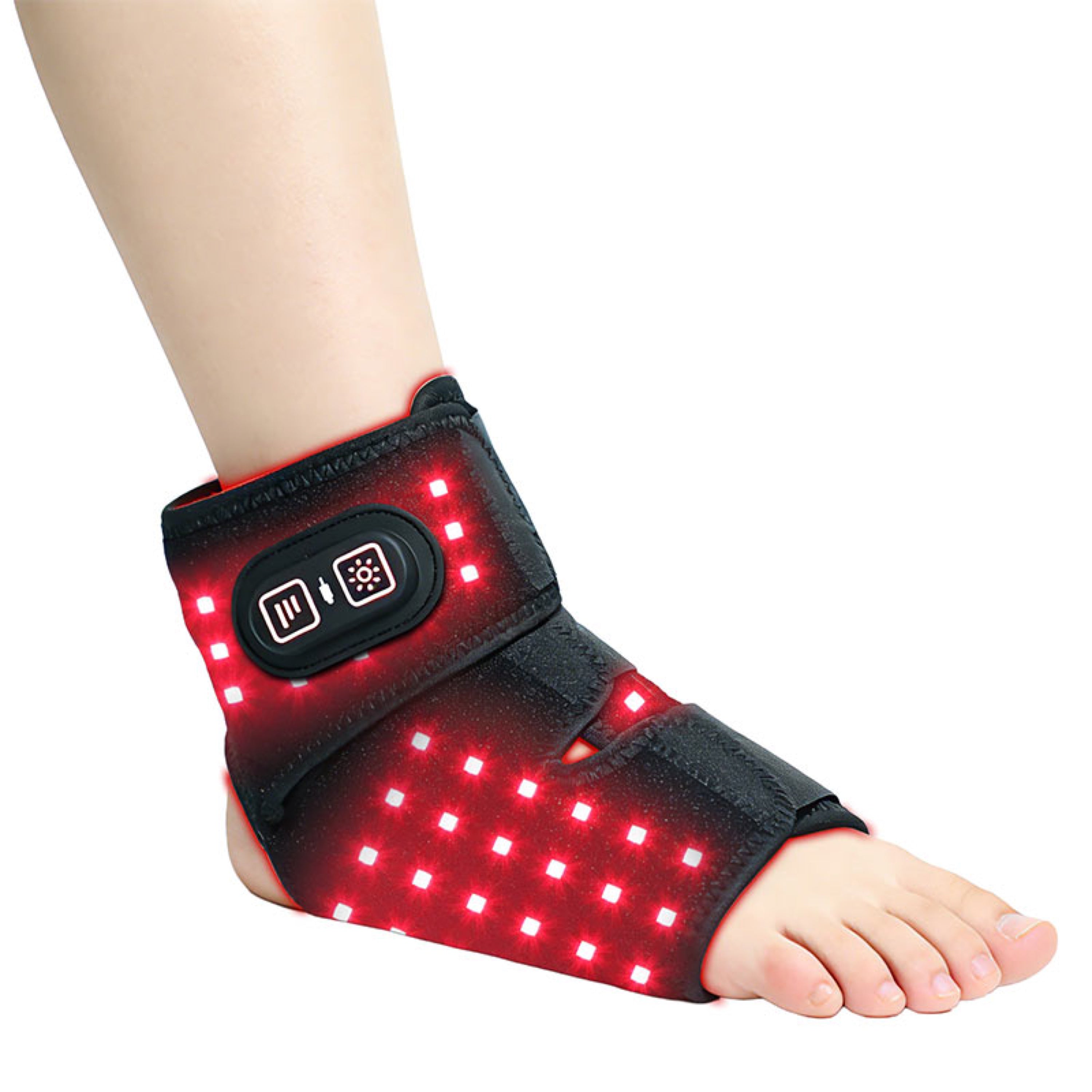 Red light therapy ankle wrap worn on the foot with the LEDs lit