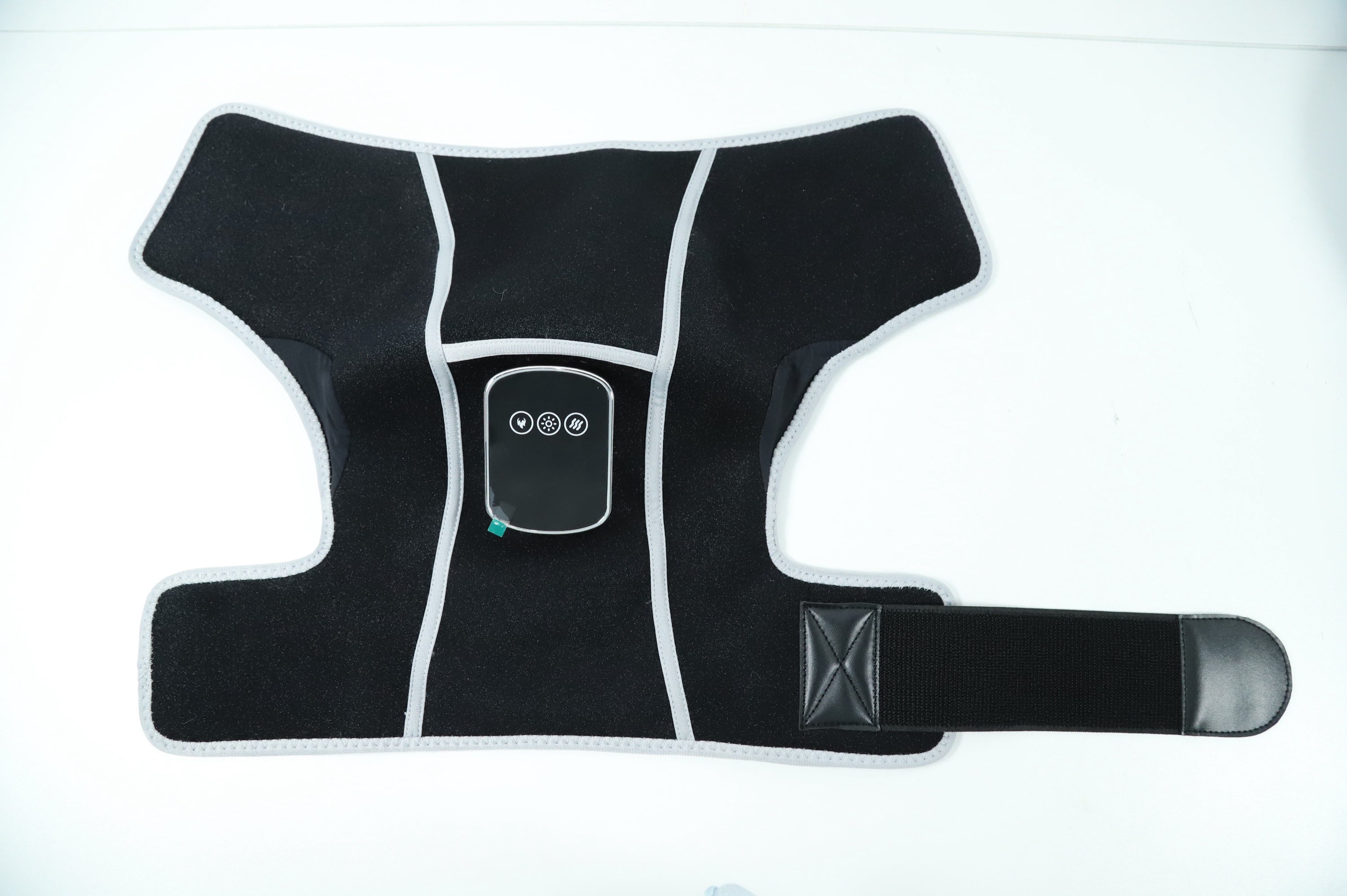Red light therapy shoulder wrap with controller, front view