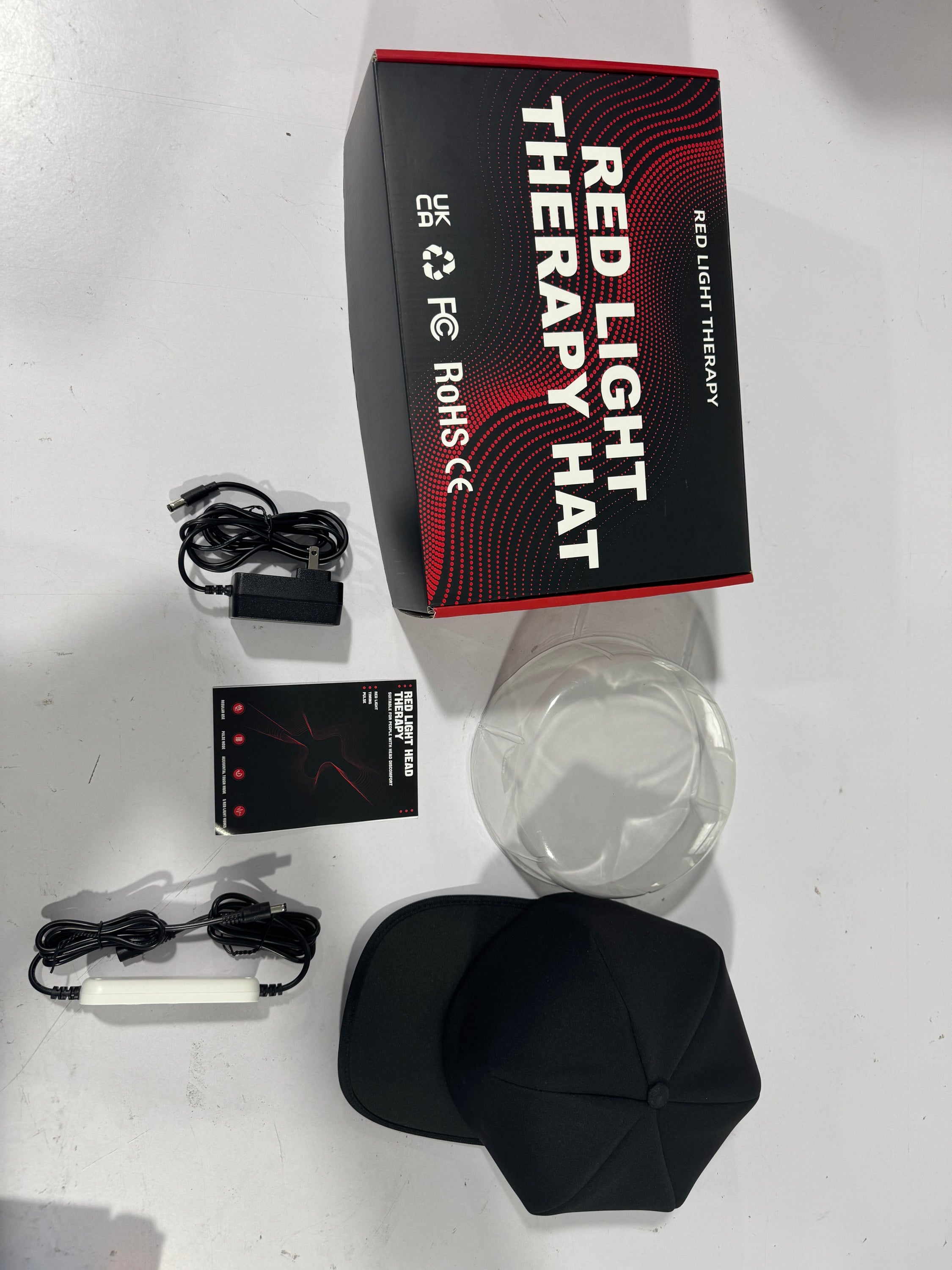 Red light therapy cap with box, controller and cables