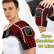 Red light therapy wrap worn on the shoulder and on the knee with the LEDs lit